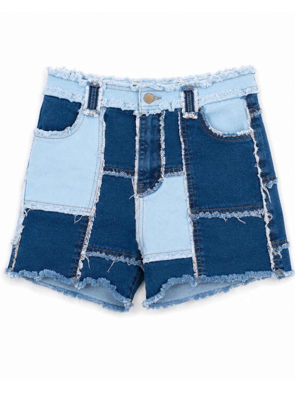 Fashion House Y2K Patchwork Denim Shorts Women’s Large Raw Hem Blue